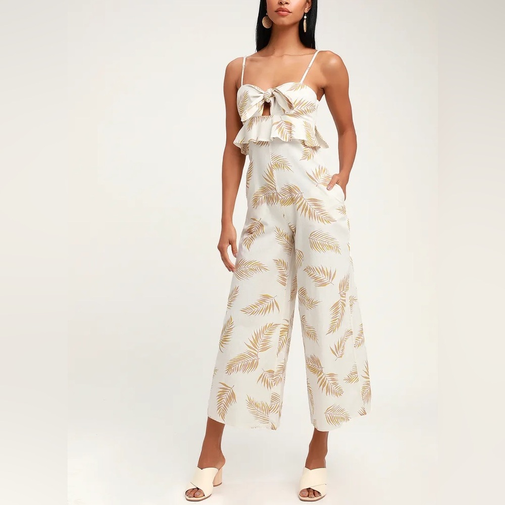 Palm print front tie jumpsuit